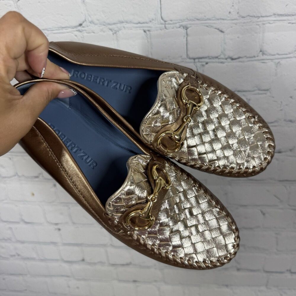 Robert Zur Womens 8.5 Metallic Bronze Gold Woven Leather Driving Loafers Flats - Picture 12 of 13